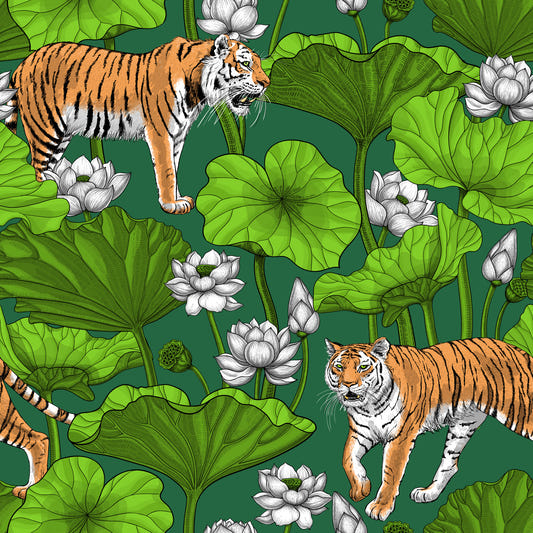 Tiger im Lotus-Teich in Grün und Weiß Tapete⁠