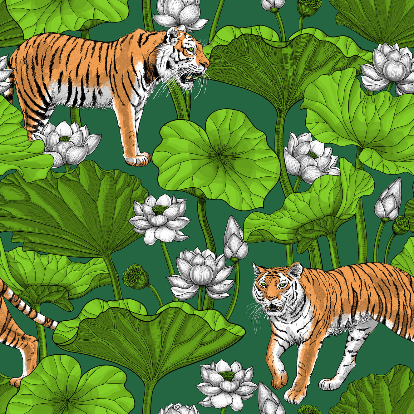 Tiger im Lotus-Teich in Grün und Weiß Tapete⁠
