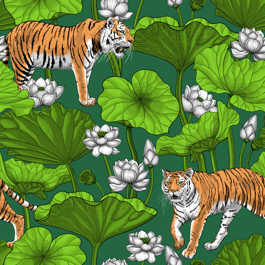 Tigres dans l'étang de lotus en vert et blanc Papier peint