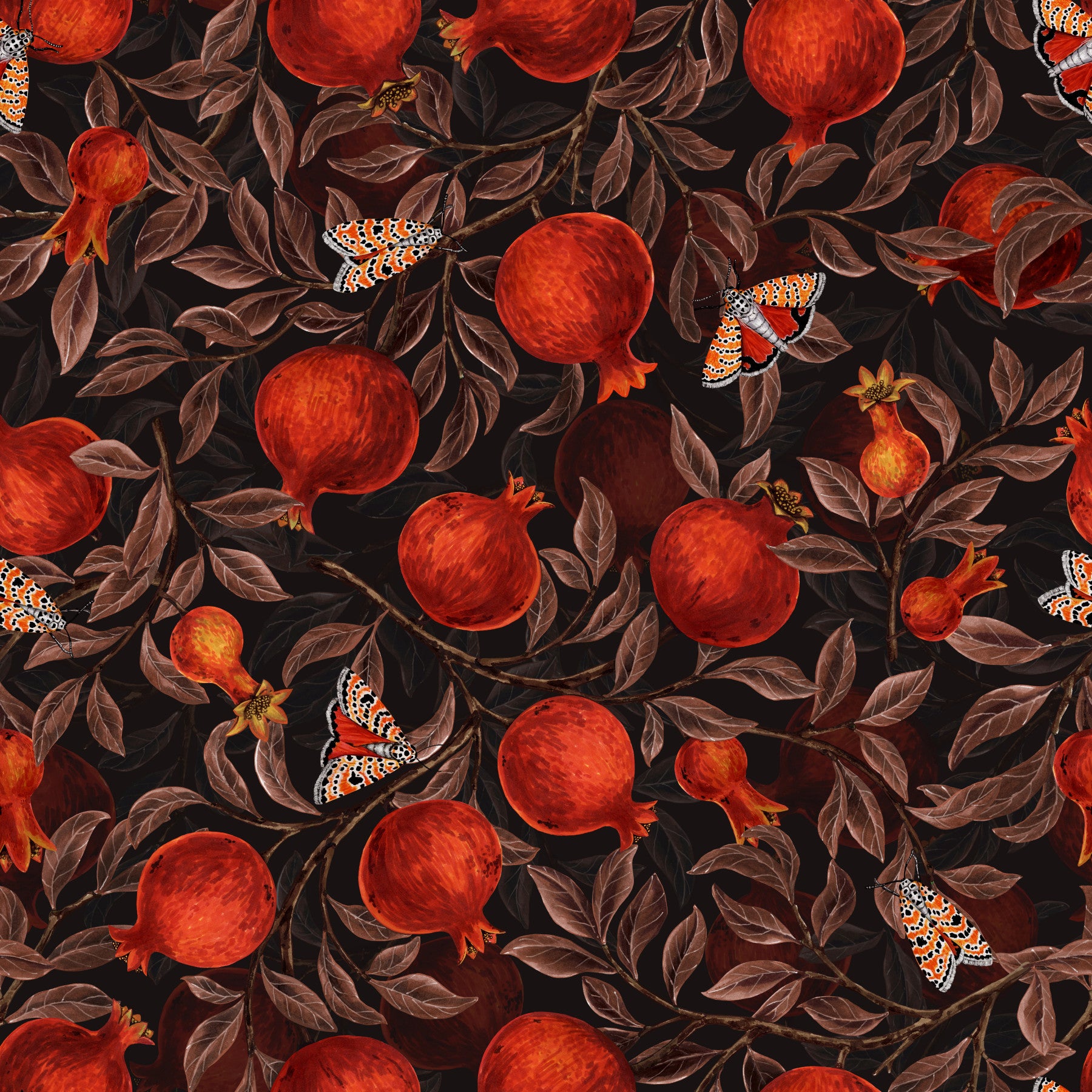 Pomegranate Nocturne wallpaper covers a full run in the kitchen-dining area.