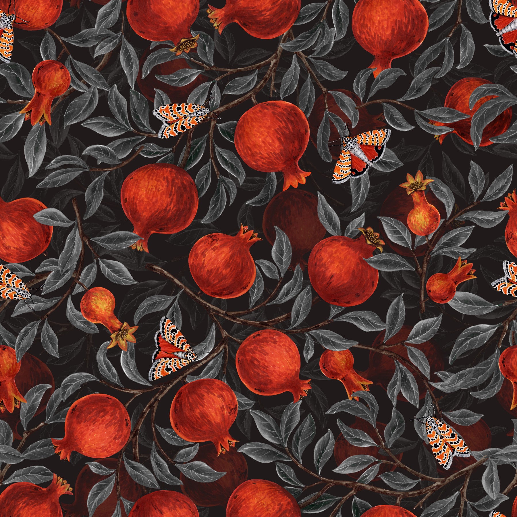 Dining room shifts moodier with the Crimson Pomegranates & Moths wallpaper on view.