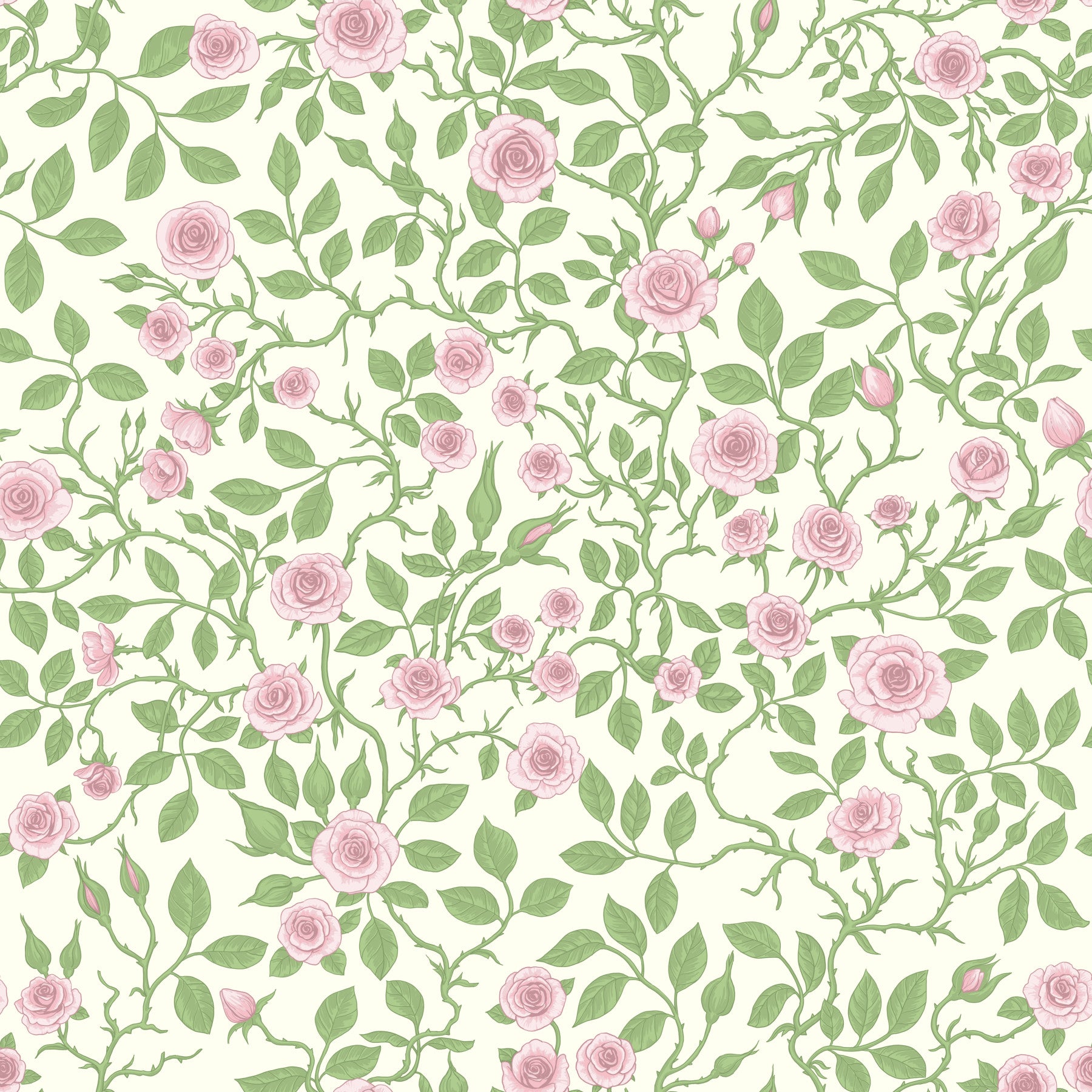 Garden-cottage feel lands in the dining room thanks to Sweet Briar Embrace wallpaper.