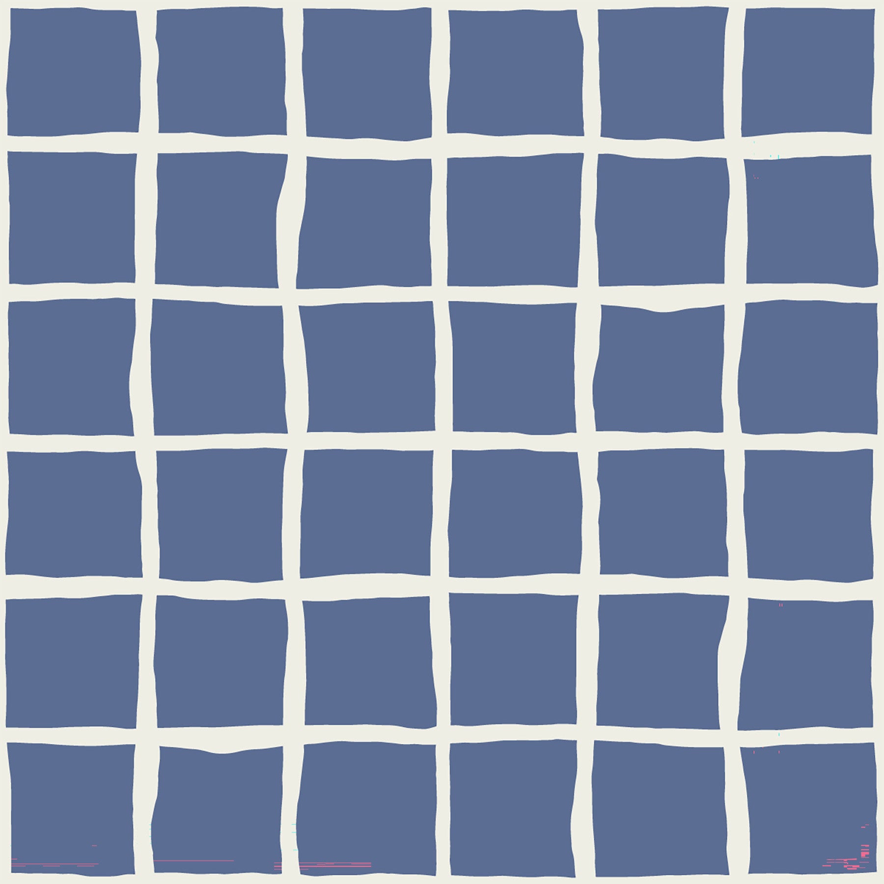 Dusty blue squares sit behind a calm living room in this wavy grid wallpaper.
