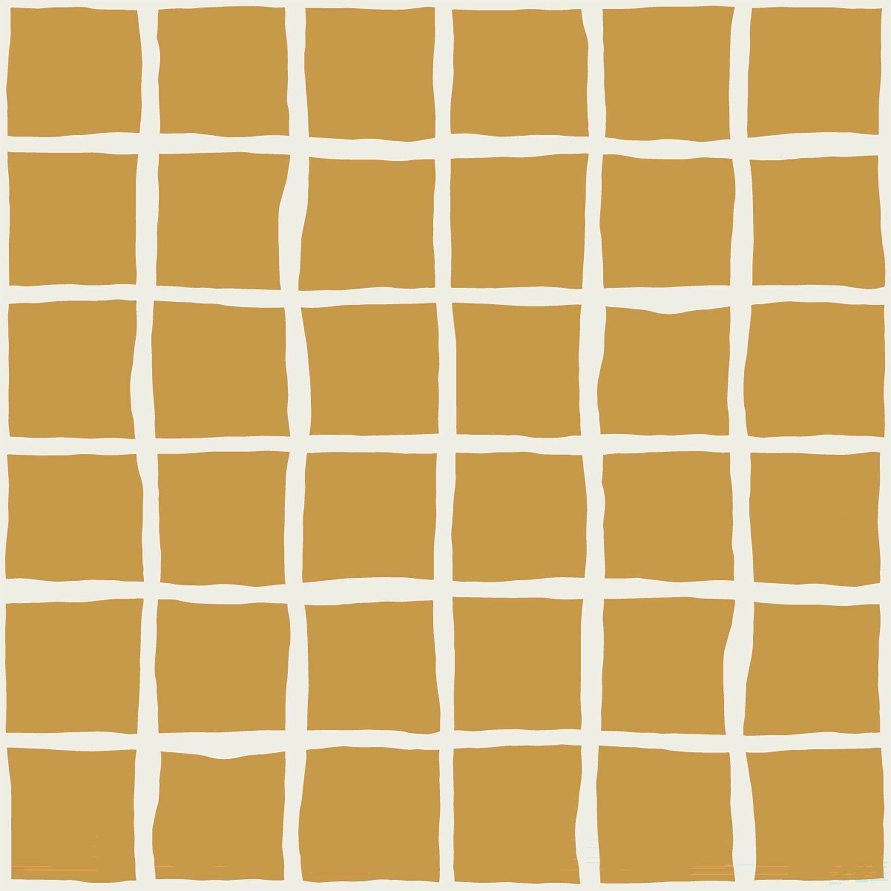 Mustard squares meet a living room through the Mid Century Wavy Grid wallpaper.