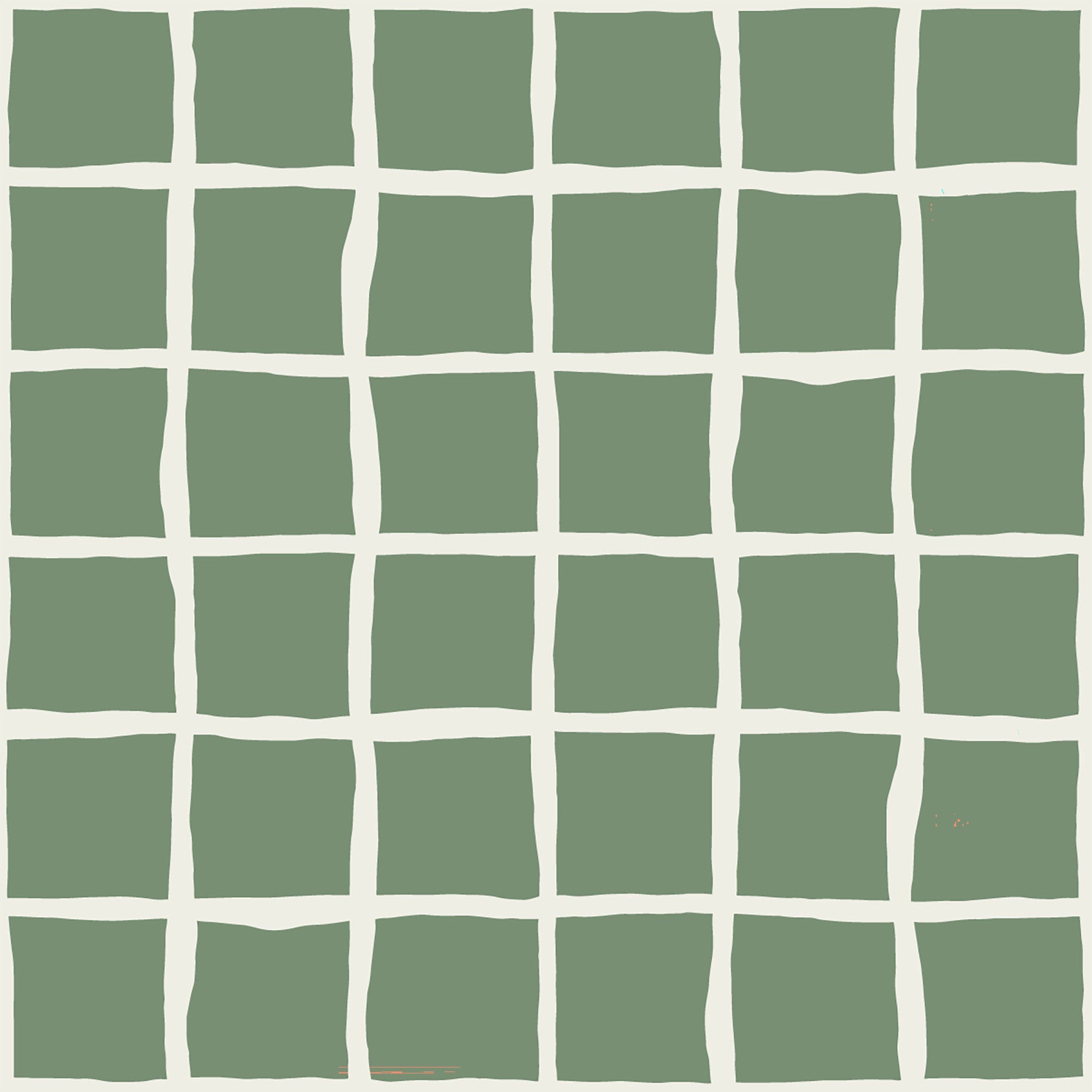 Sketched sage squares meet a dining room behind Wavy Grid Sage wallpaper detail.