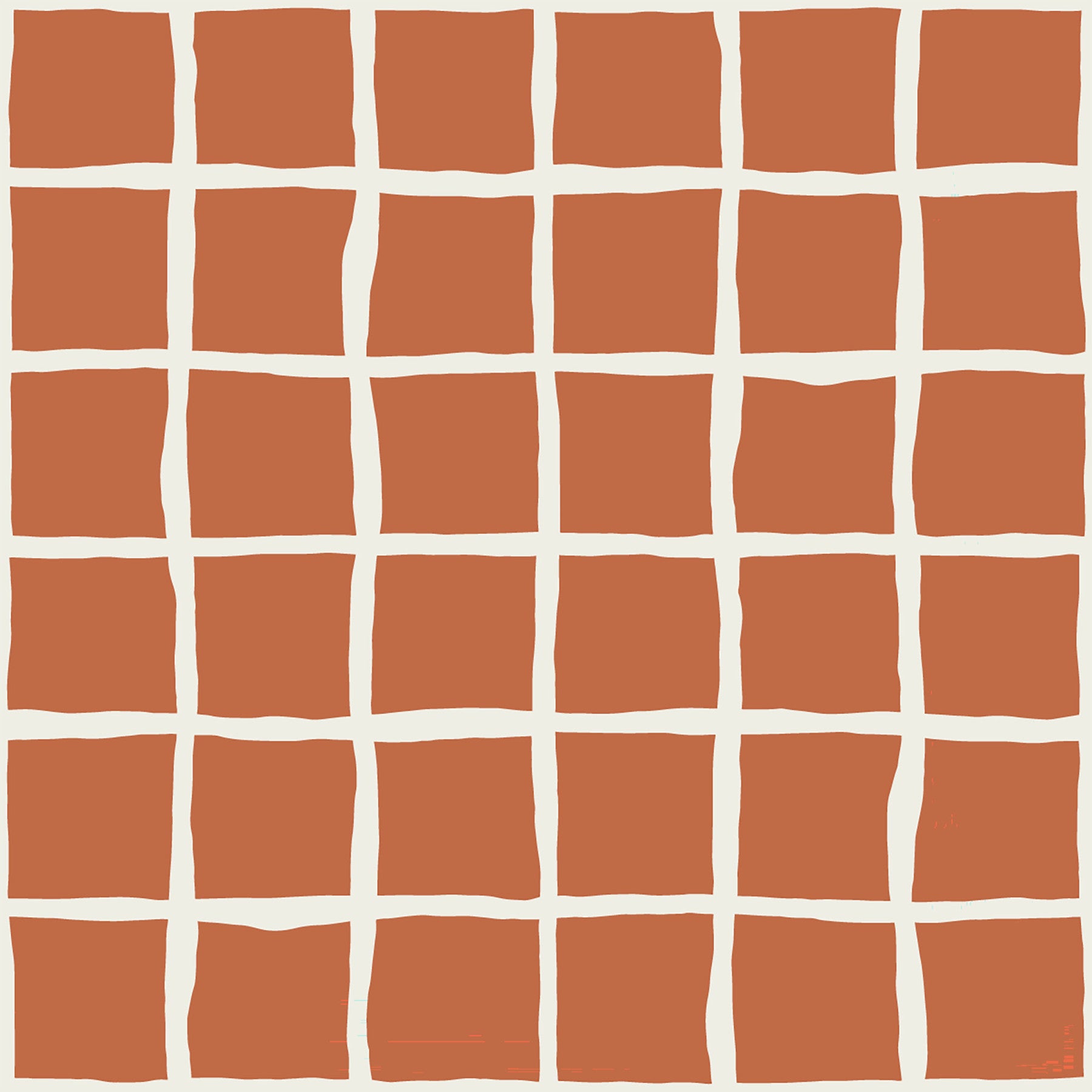 Slanted cream lines mark a rust-toned living room wallpaper with mid-century flair.