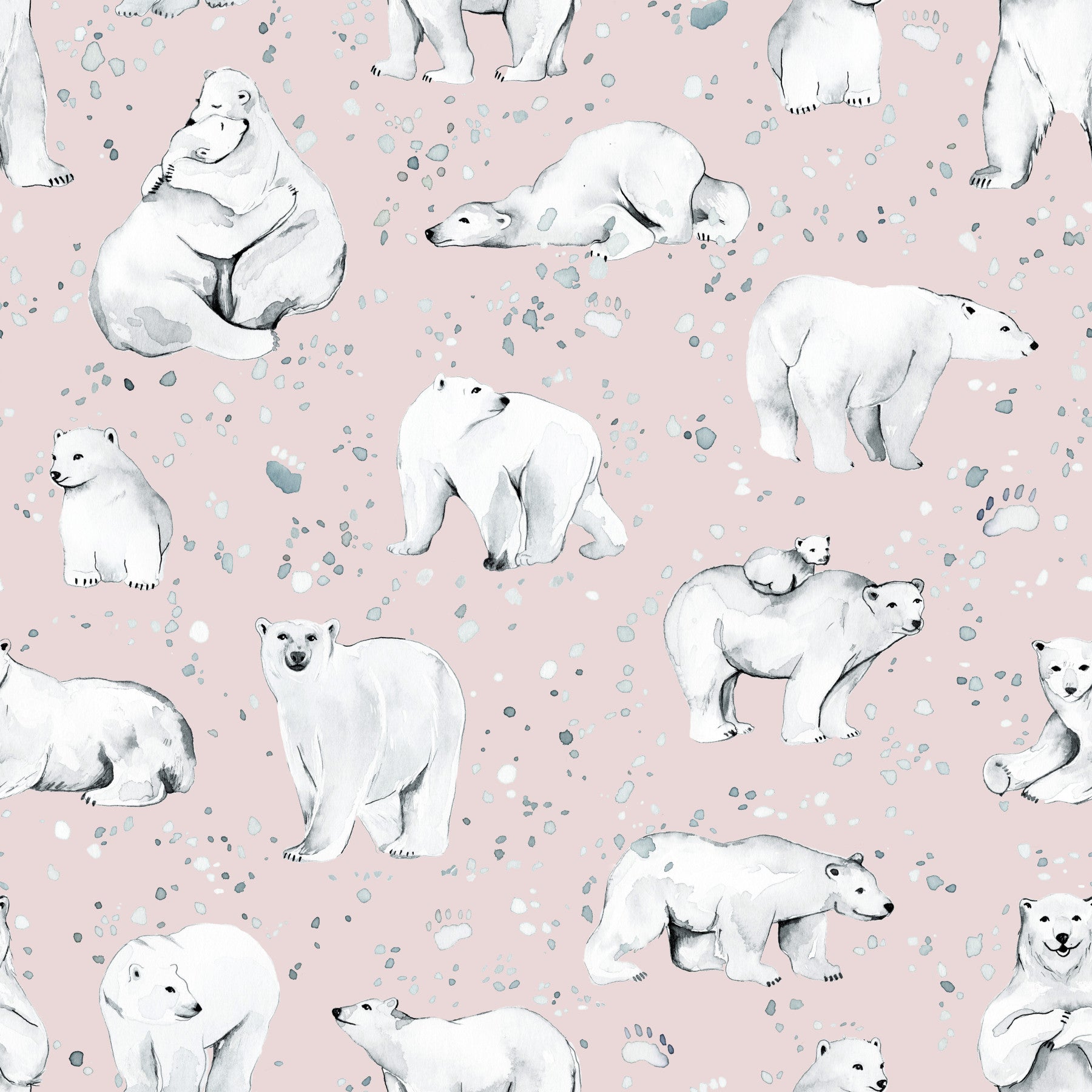 Watercolour polar bears drift across a calm nursery in Bears Dreams Pink wallpaper.