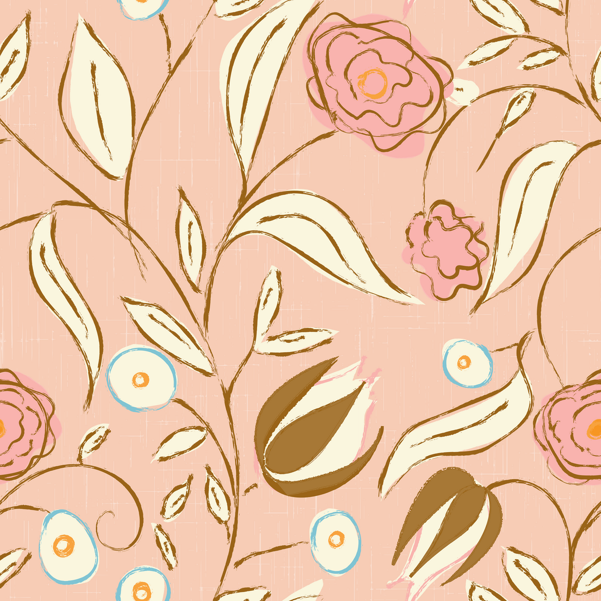 Altmodische botanische Tapete mit Blush Pink Chintz Blumenmuster in your room — zoomed