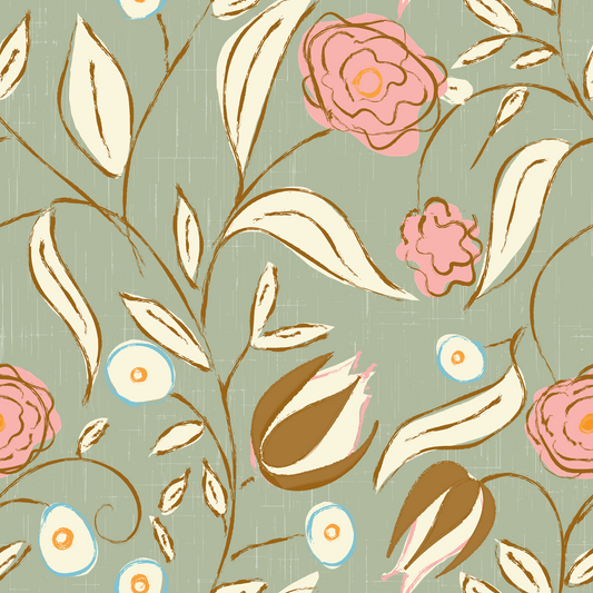 Salviegrøn chintz blomstret vintage botanisk tapet