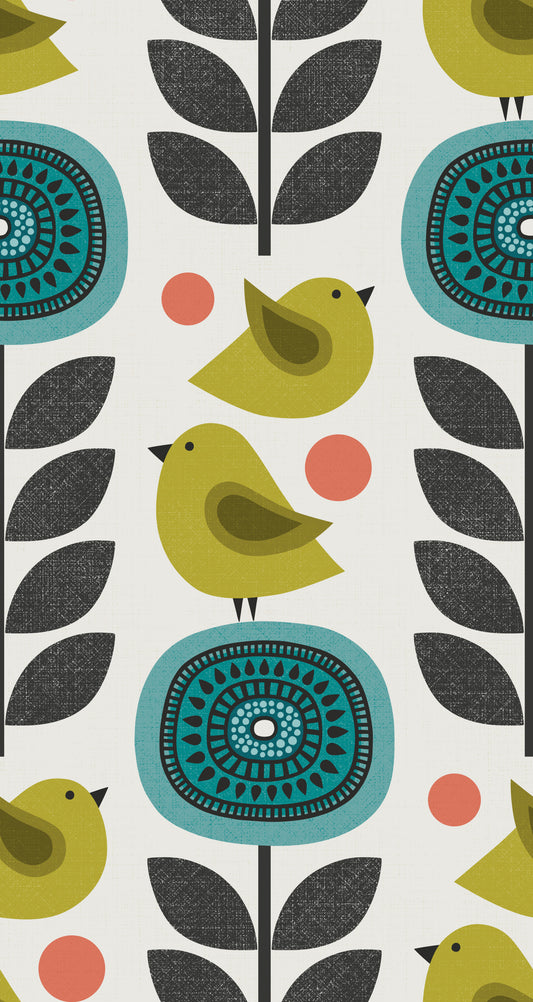Retro bloemen- en vogelbehang