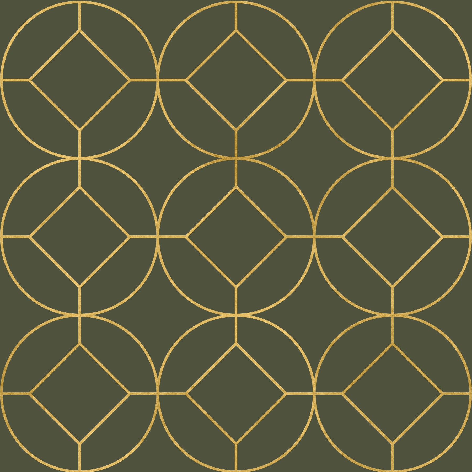 Elegante Art Deco Tapete mit geometrischem Oliv- und Goldmuster