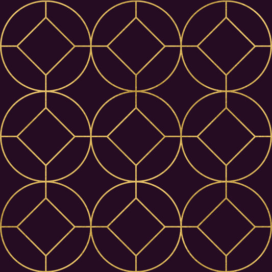 Carta da parati geometrica Art Deco oro e prugna