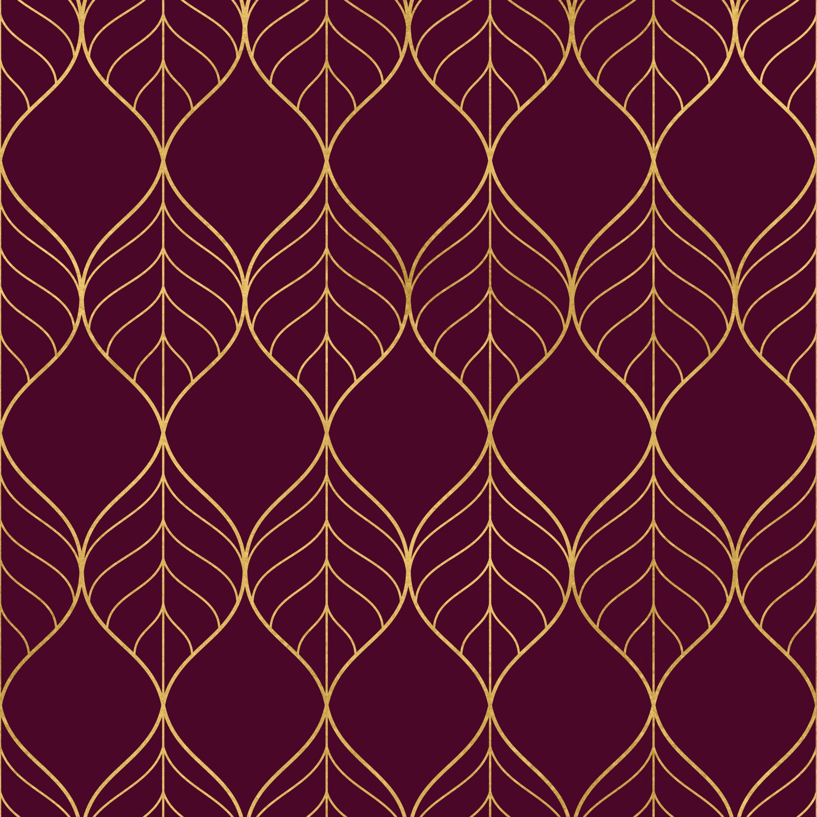 Papier peint élégant à feuilles Art déco bordeaux et or