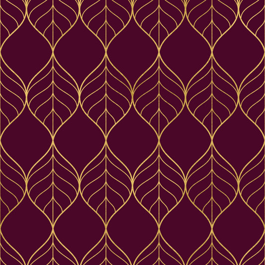 Carta da parati elegante con foglie Art Deco bordeaux e oro