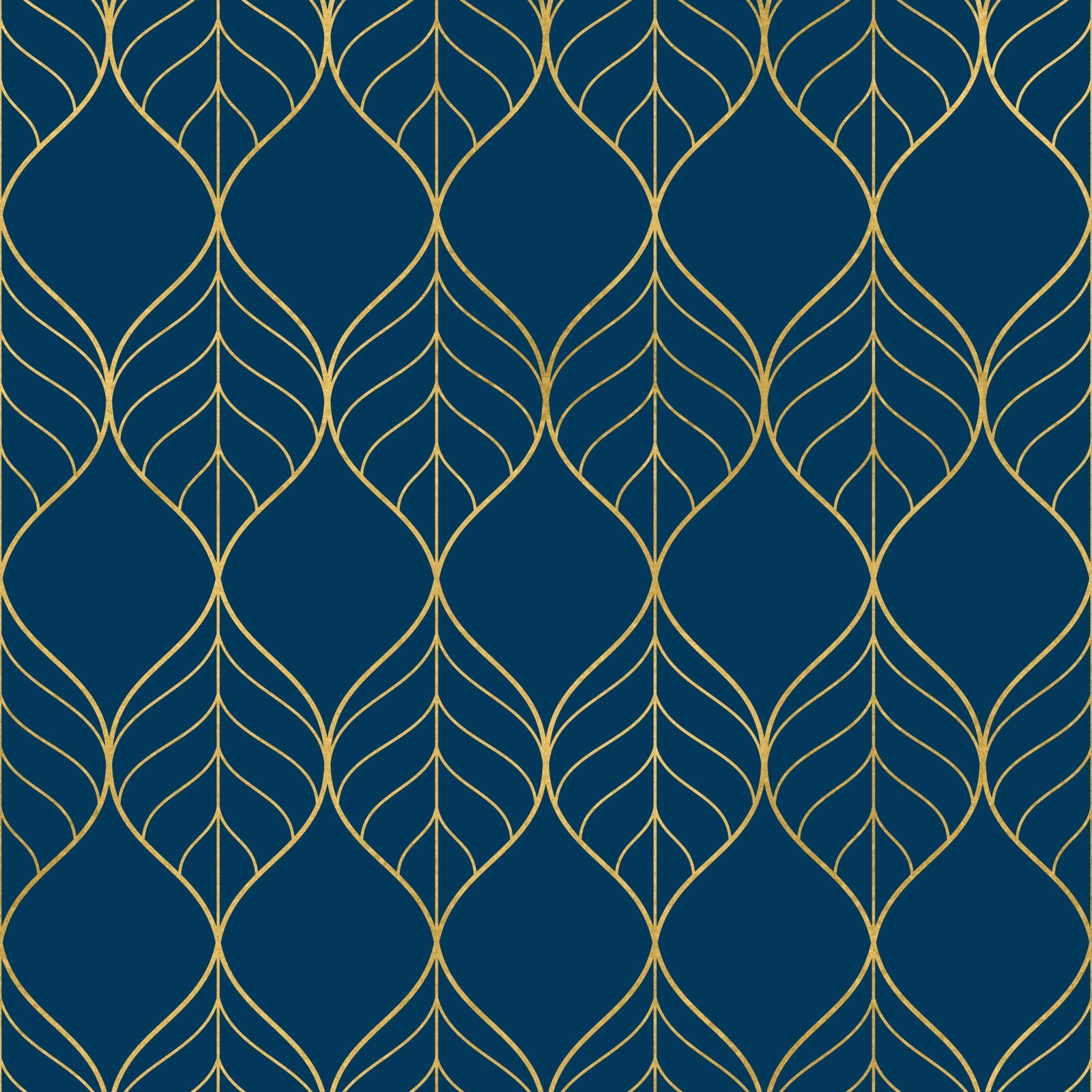 Papier peint feuilles Art déco dorées marine