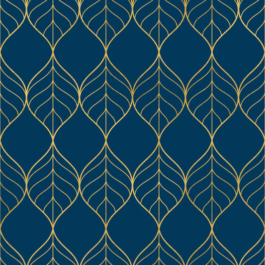 Carta da parati Navy con foglie Art Deco dorate