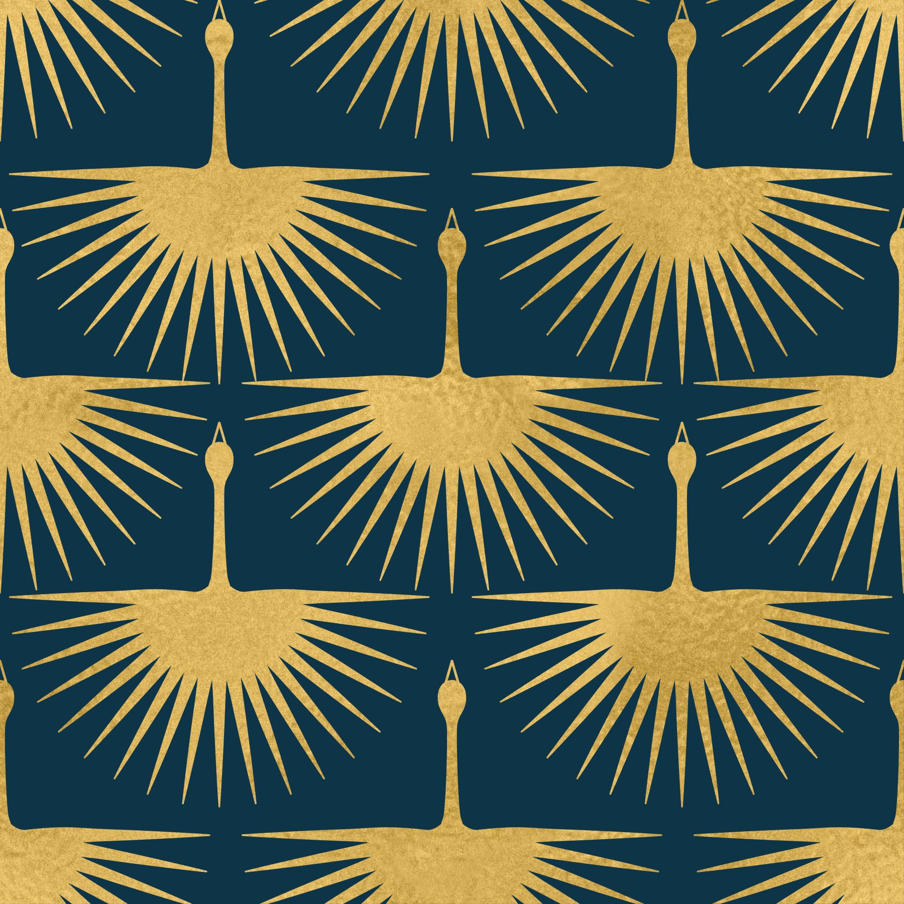 Art Deco Gouden Kraan Donker Turquoise Behang