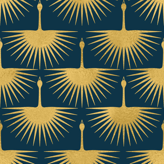 Carta da parati Art Deco Gru Dorata Turchese Scuro