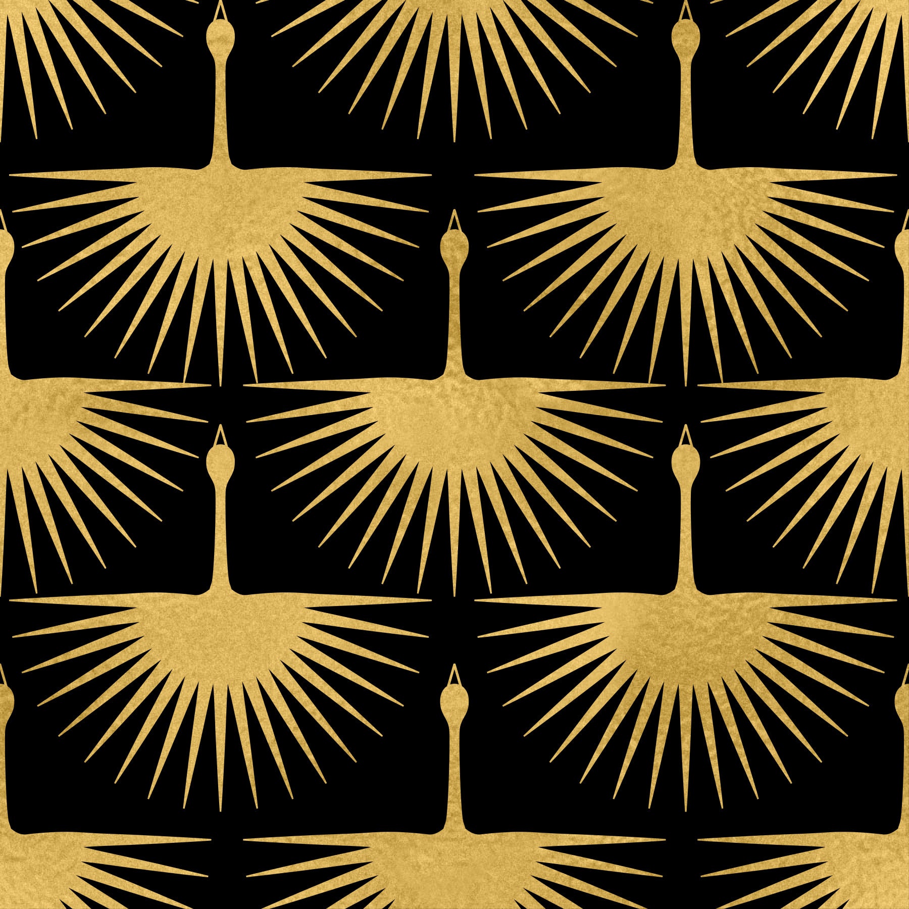 Schwarz-Goldene Art Deco Kranich Tapete in your room — zoomed