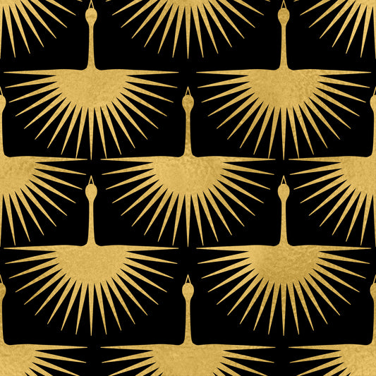Carta da parati gru Art Deco nera e oro
