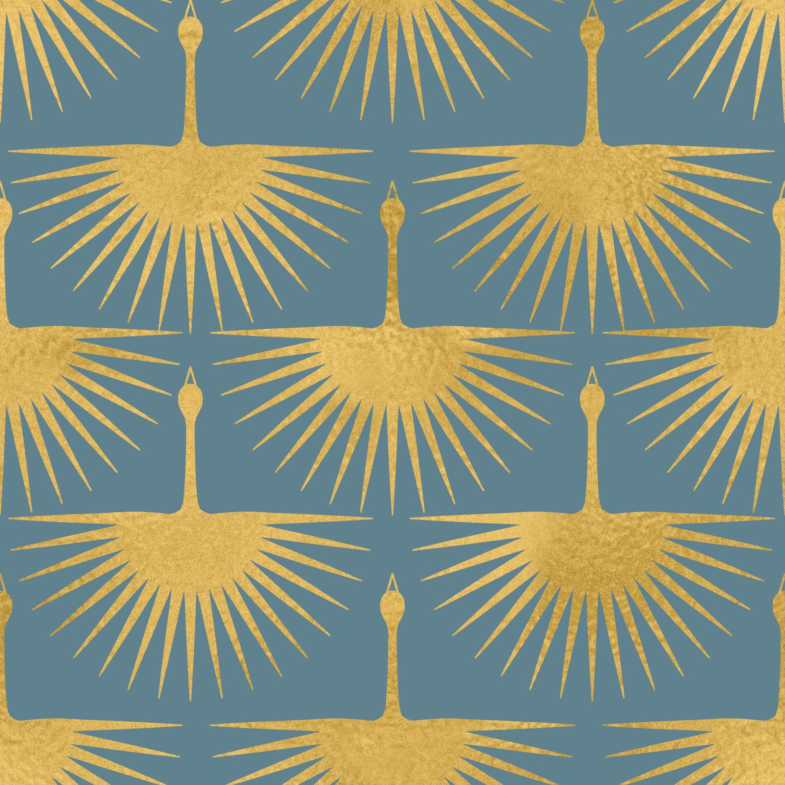 Papel de Parede Art Déco Golden Cranes Azul Ovo de Pato