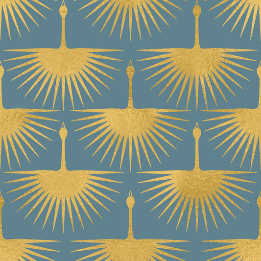 Carta da parati Art Deco Gru Dorate Blu Uovo d'Anatra