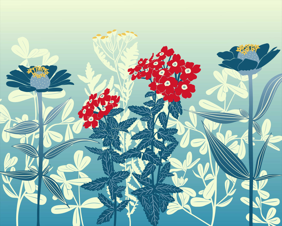 Retro-Wandbild mit botanischer Wiese in Karmesinrot und Blaugrün in your room — zoomed