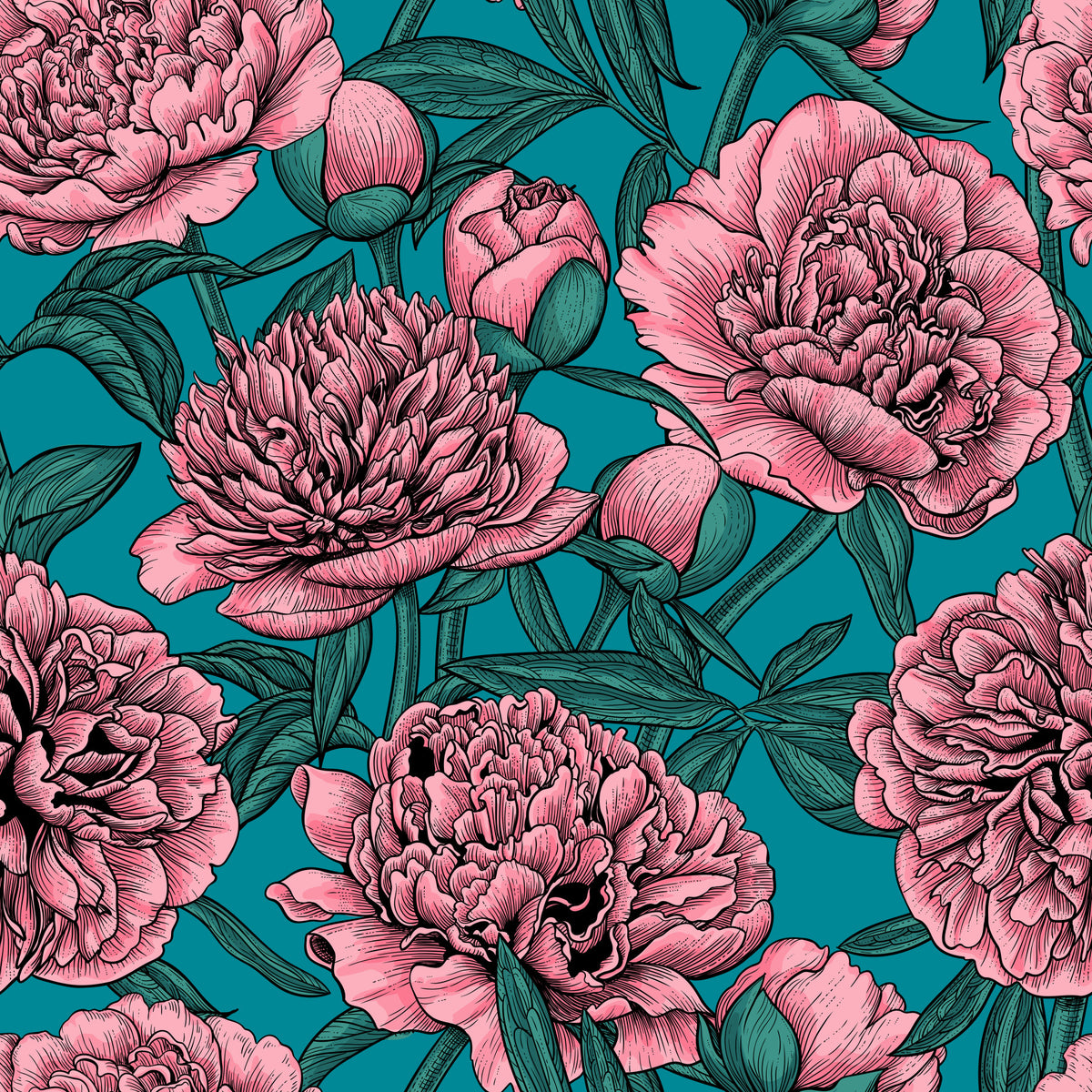 Romantic Teal Peony Botanical Wallpaper