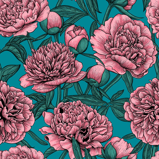Romantic Teal Peony Botanical Wallpaper Wallpaper⁠