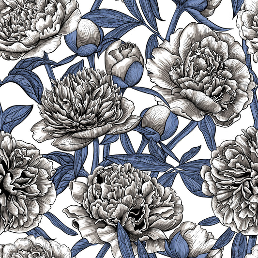 Vintage Blue and Cream Engraved Peonies Wallpaper Wallpaper⁠