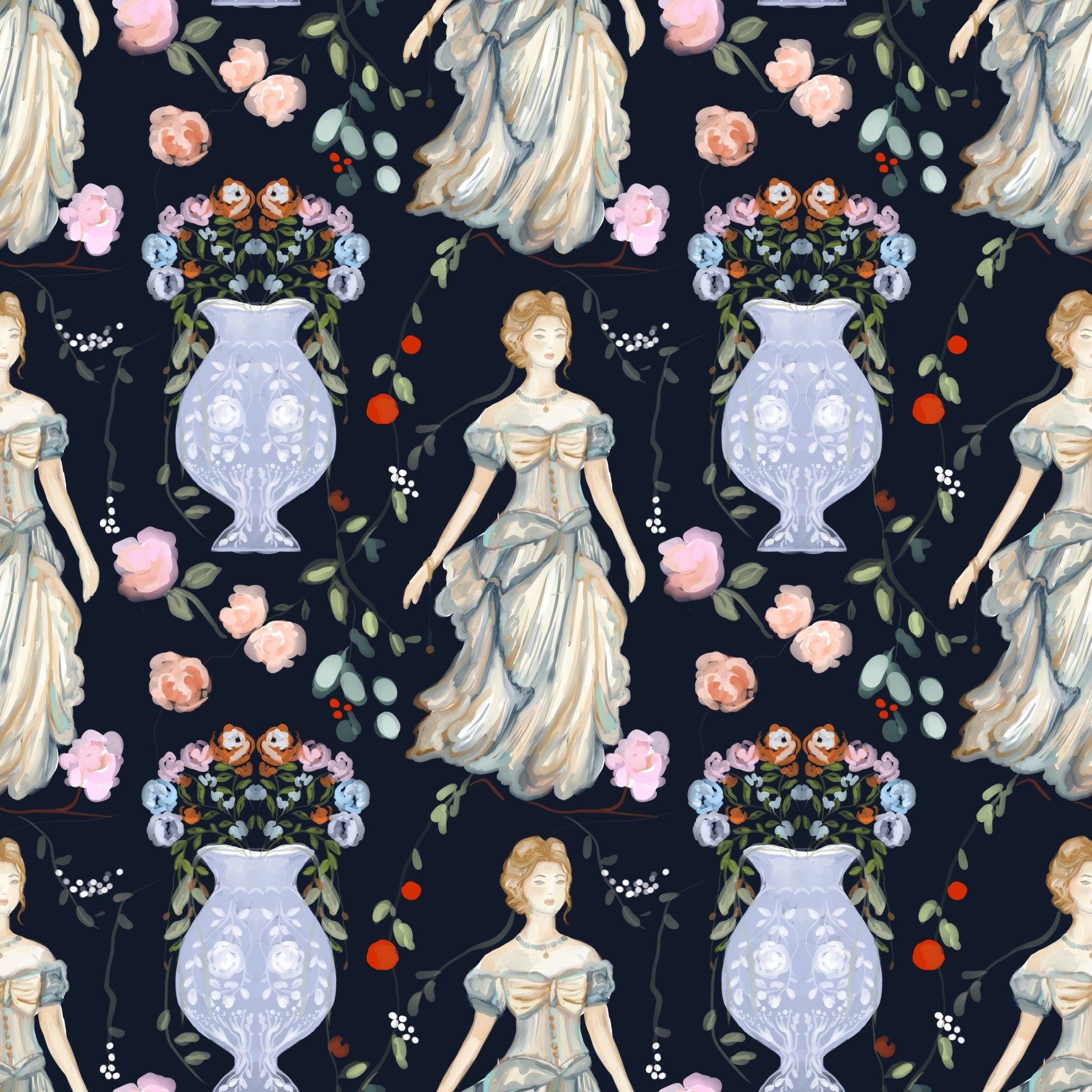 Vintage Eleganz Renaissance Kleid Blumen Tapete