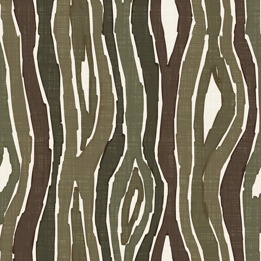 Papier peint à rayures verticales ondulées effet bois organique - Mousse terreuse