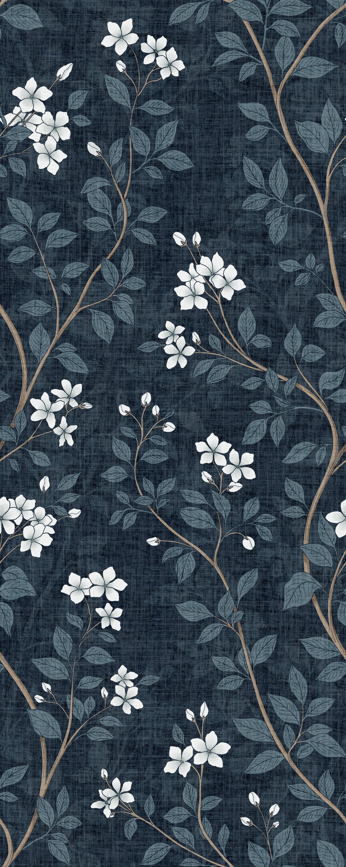 Elegante weiße Blüten auf indigoblauem Leinen-Tapetenstoff in your room — zoomed