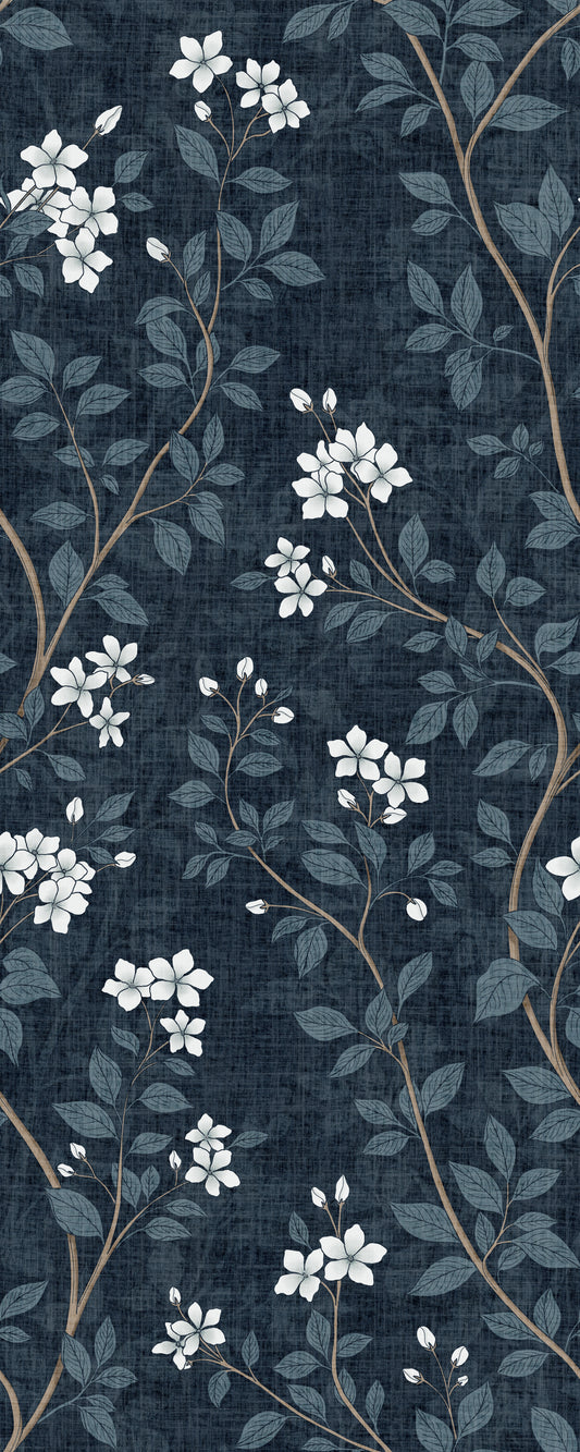 Elegant hvide blomster på indigo linned tapet⁠