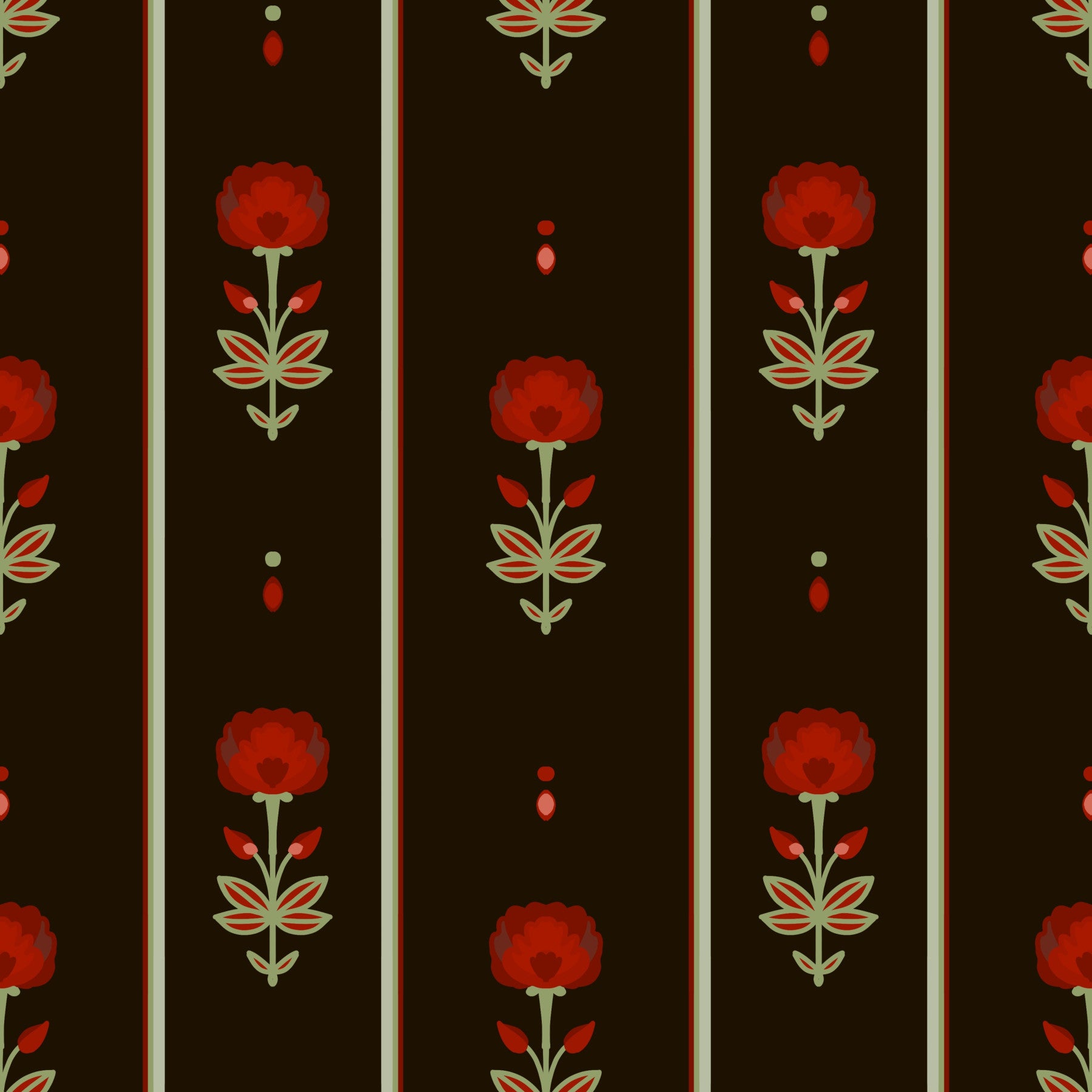 Papier peint rayé floral art populaire cramoisi