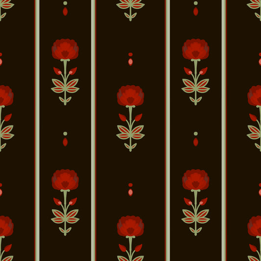 Papier peint rayé floral art populaire cramoisi