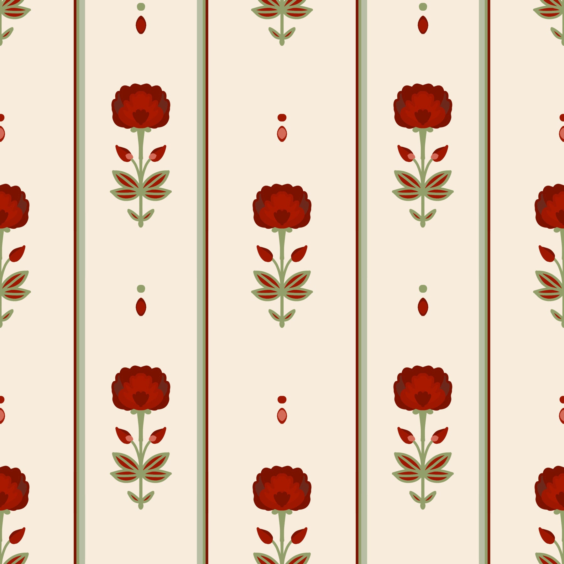 Papel de Parede Vintage Heritage com Risca Floral Vermelha