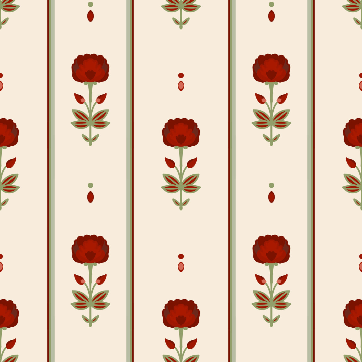 Papier peint rayé floral rouge vintage Heritage in your room