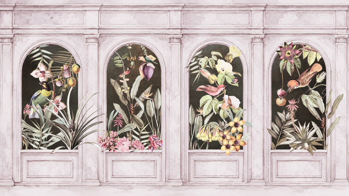 Vintage arkitektoniska botaniska bågar väggmålning in your room — zoomed