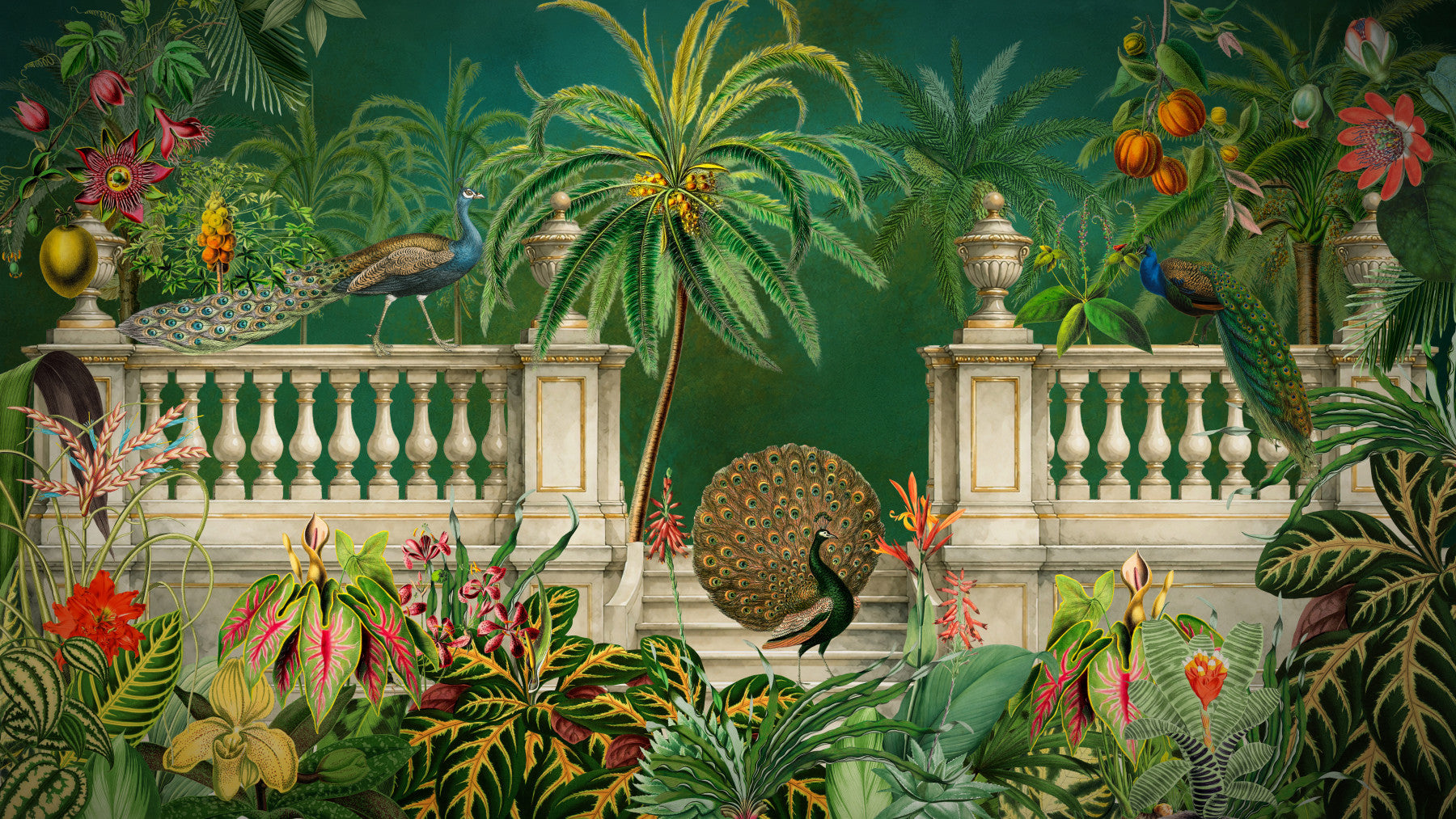 Fresque murale Paon Majestueux et Balustrade Tropicale