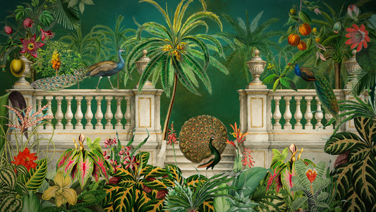 Fresque murale Paon Majestueux et Balustrade Tropicale