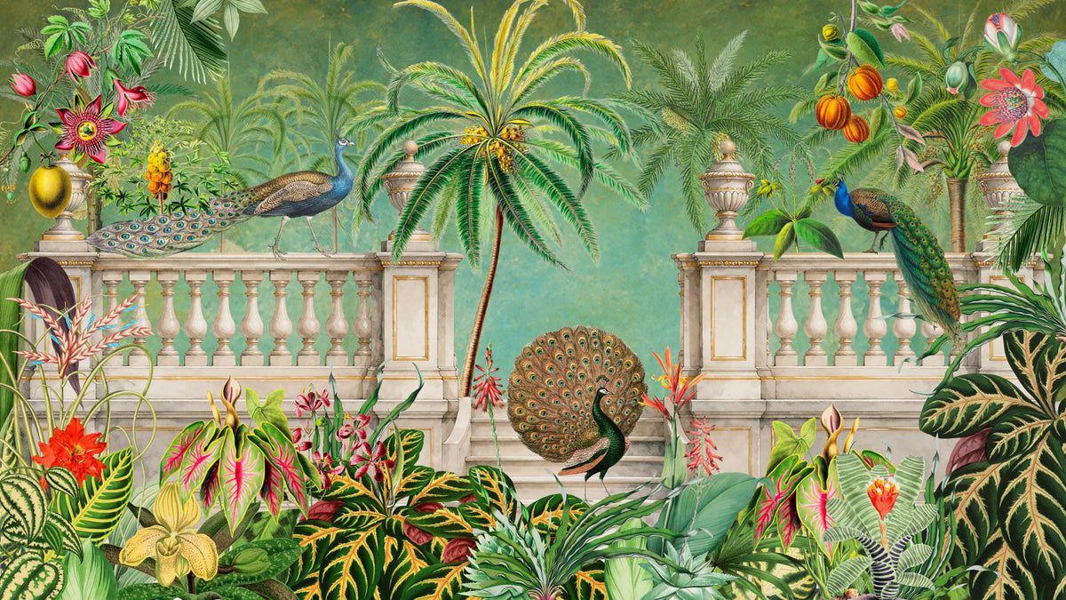 Vintage Peacock Palace Tropical Garden Wall Mural in your room — zoomed