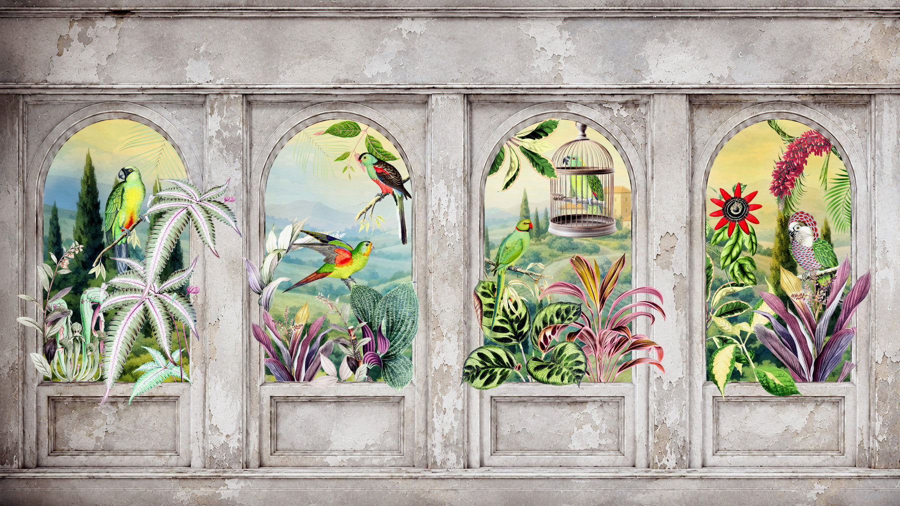 Murale da parete panoramico con archi vintage e uccelli tropicali
