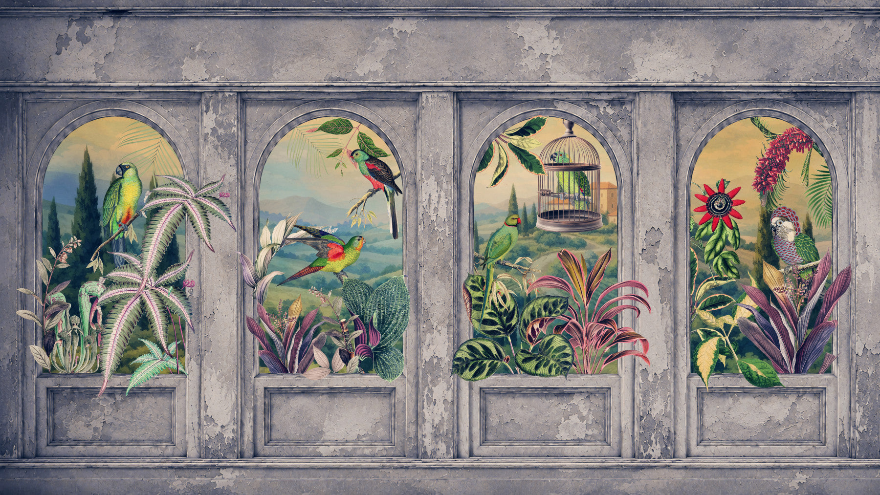 Vintage bogen en tropische vogels decoratief 1 muurschildering