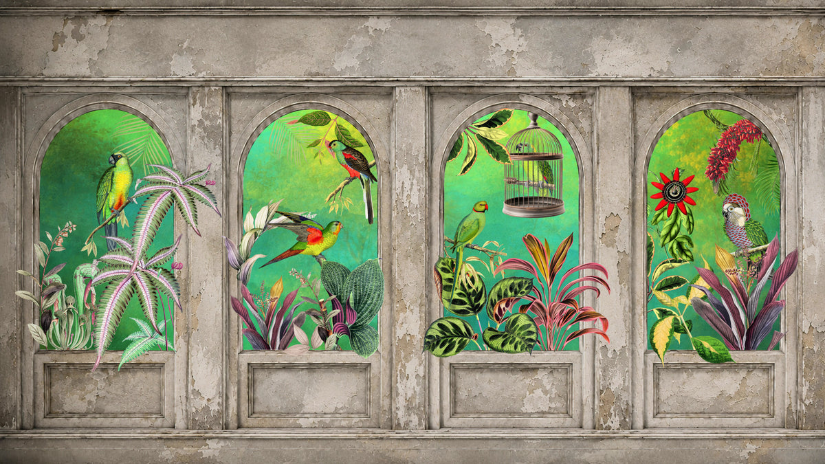 Vintage Booggangen Tropische Vogels Muurmuurdecoratie