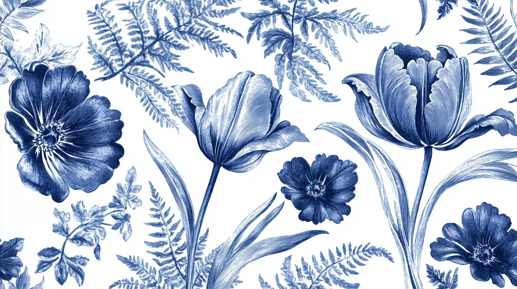 Vintage Indigo Tulip and Fern Botanical Wall Mural