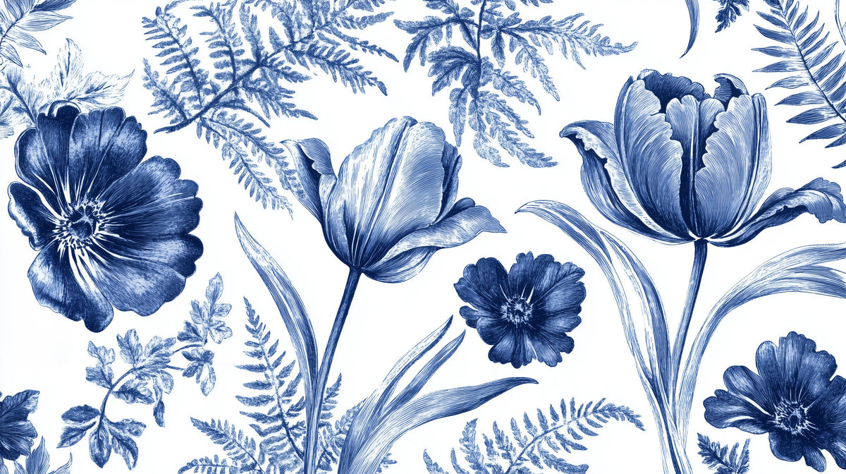 ヴィンテージインディゴチューリップとシダの植物壁画 in your room — zoomed