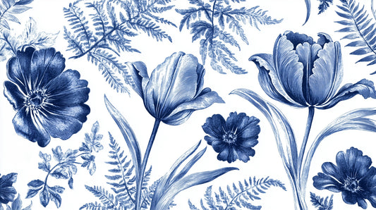Vintage Indigo Tulip and Fern Botanical Wall Mural