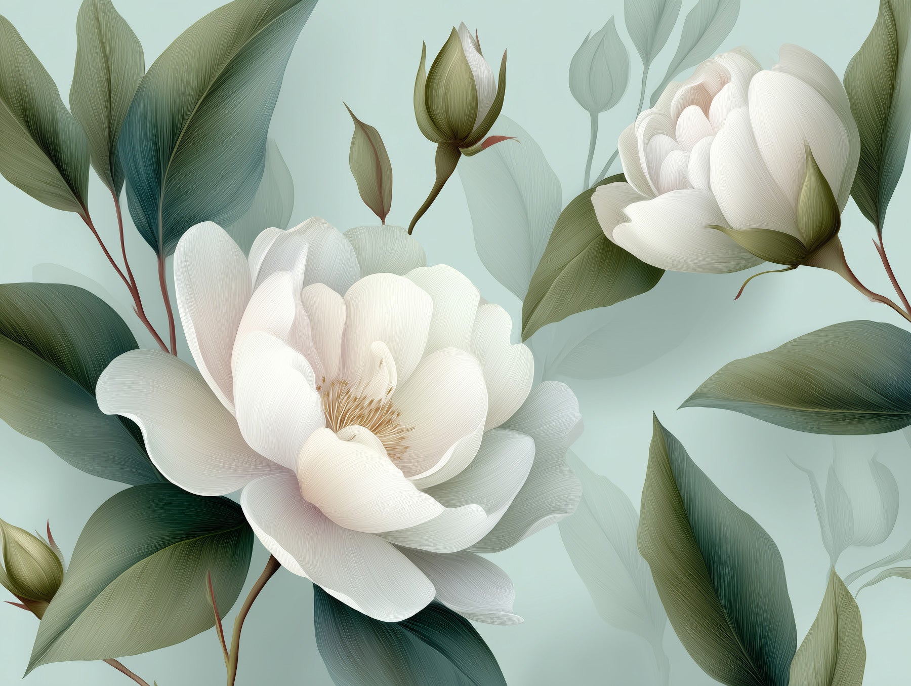 Murale da parete floreale con peonie bianche Serene Sage
