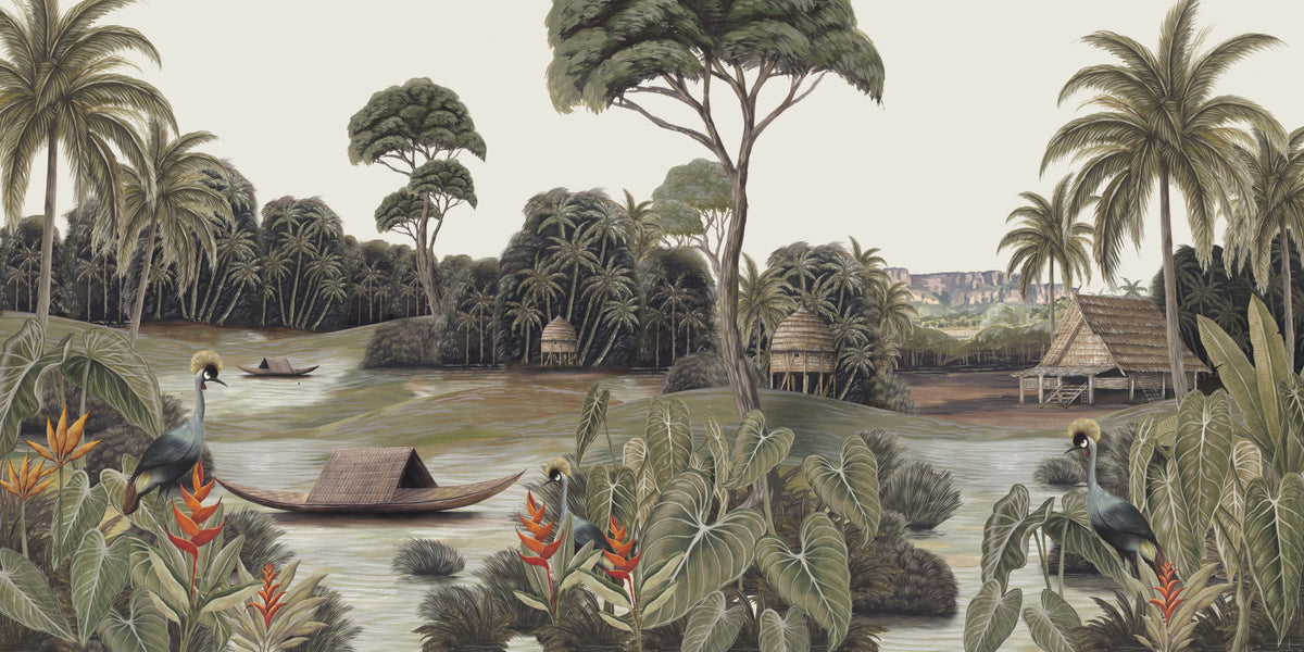 Vintage exotisches tropisches Fluss- und Kranich-Wandbild in your room — zoomed